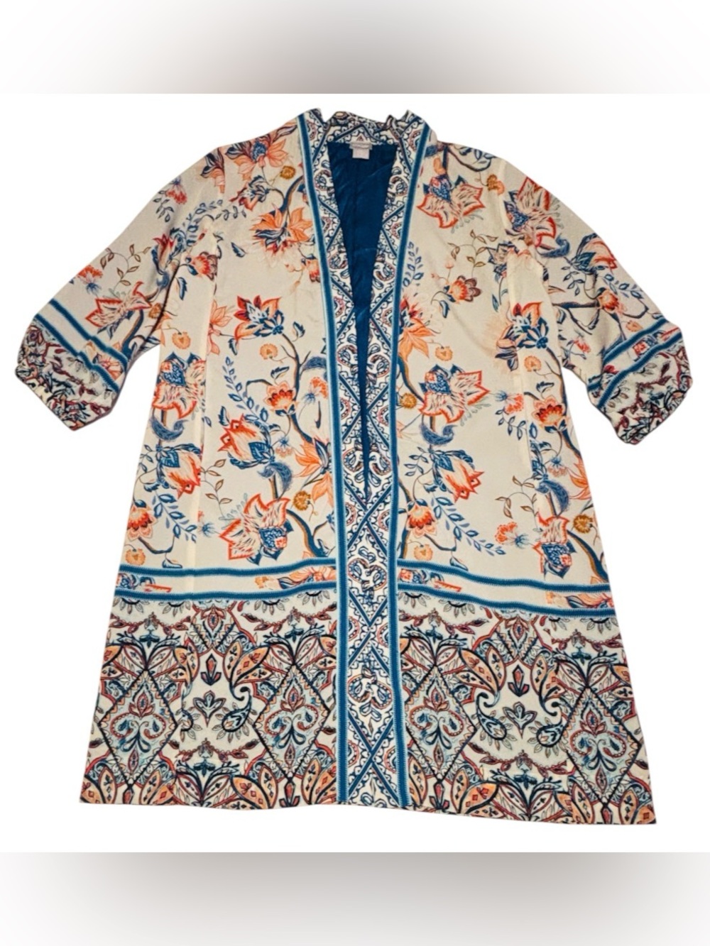 Chico's Cream Floral Border Open-Front Coatigan with Blue & Orange Accents 2/L